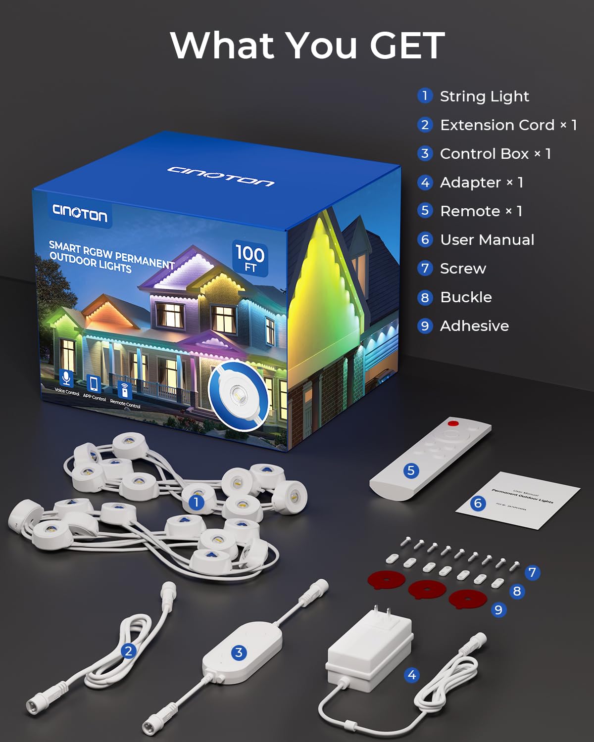CINOTON Permanent Outdoor Lights 100ft, Smart RGBW+IC Eaves Lights with 60LEDs, IP67 Waterproof, 111 Scene Modes for Daily and Festival, Halloween Christmas Holiday Decor, APP/Voice/Remote Control CINOTON