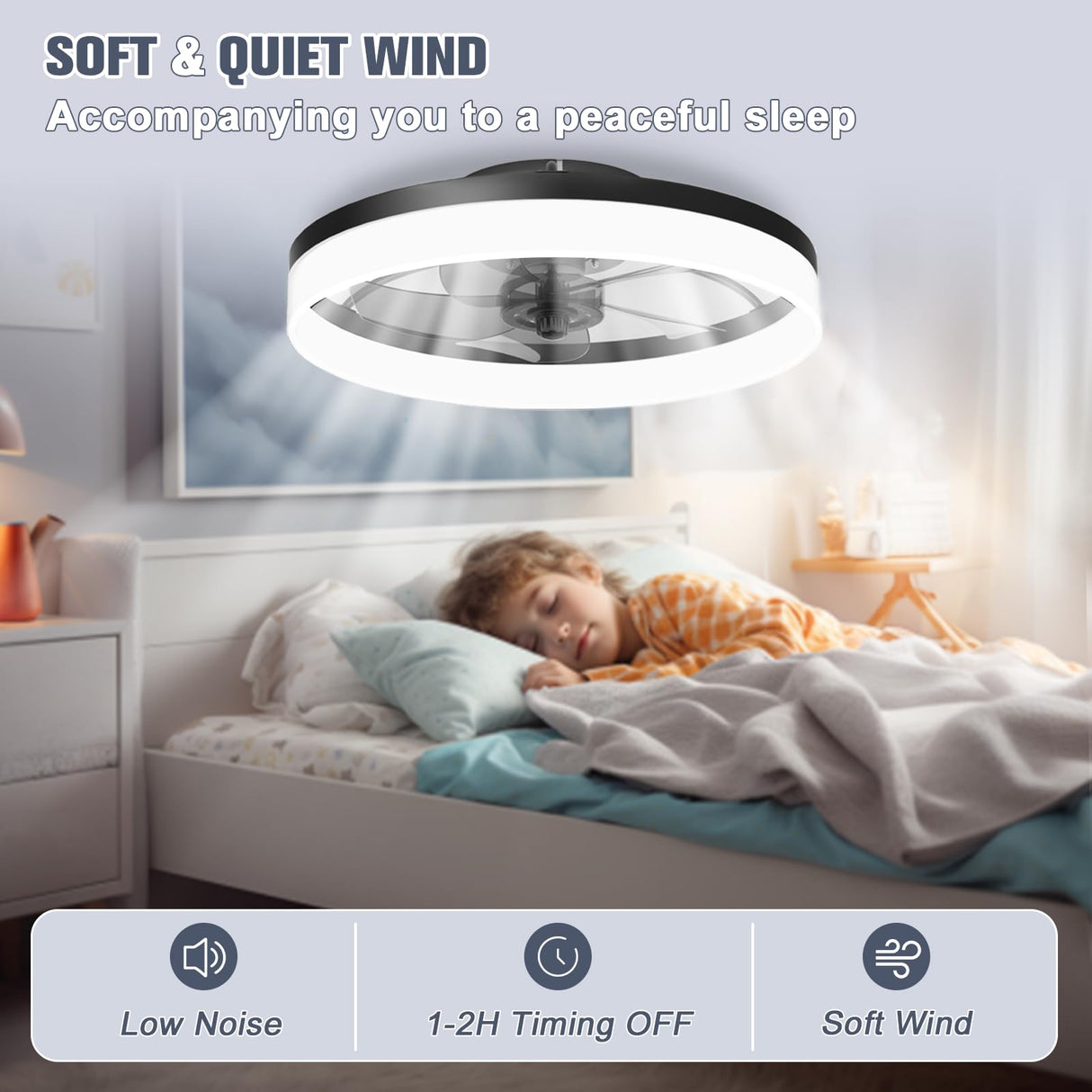 VOLISUN Low Profile Ceiling Fans with Lights and Remote, Fandelier Ceiling Fan Flush Mount, 3000K-6500K Smart Bladeless LED Fan Light, Black Modern Ceiling Fans with Lights for Bedroom VOLISUN