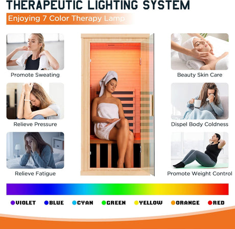 Albott Infrared Sauna Room, 1260W/110V Canadian Hemlock Wood 1 Person Infrared saunas for Home with 7 Color Therapy Lamp, Foot Heater, Dual Bluetooth Speaker, LCD Control Panel, 32.3x32.3x66.1inch Albott