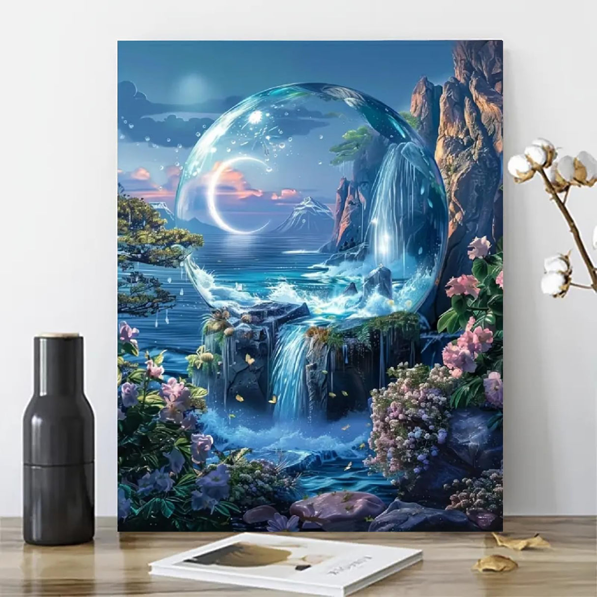 MaiMMaledy Paint by Numbers Kit for Adults Beginners Canvas Pictures with Framed Drawing Painting Acrylic Pigment with Wooden Triangle Easel Waterfall Night View 8Wx12L inch MaiMMaledy