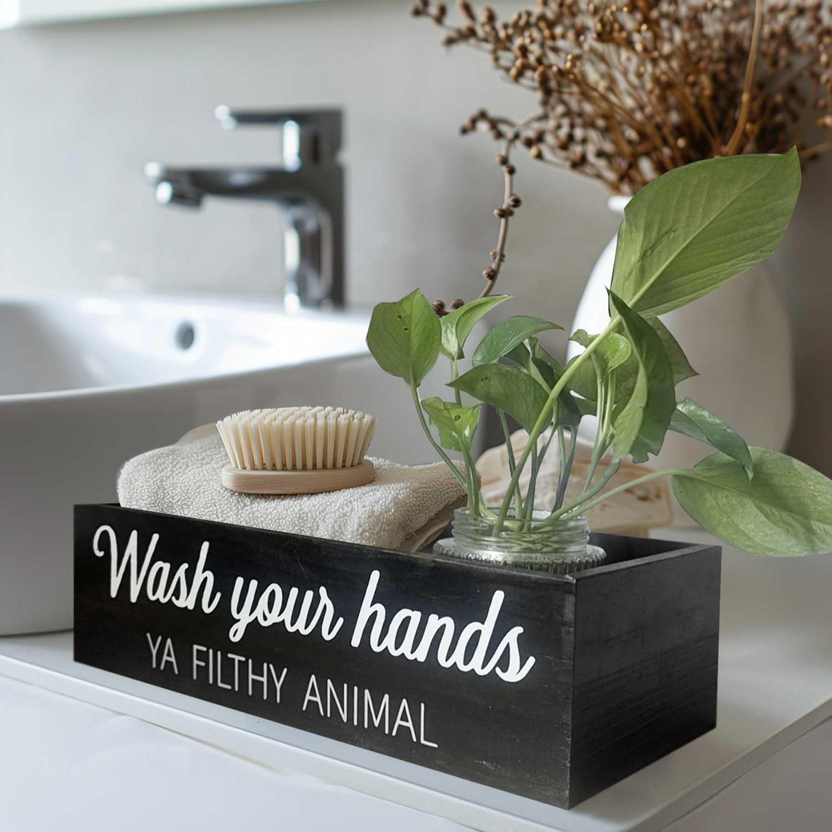 CuffUp Bathroom Decor Box, Toilet Paper Basket 2 Sides Signs Farmhouse Bathroom Basket Toilet Basket Tank Topper Rustic Farmhouse Home Decor for Livingroom Kitchen（One Black Box） CuffUp