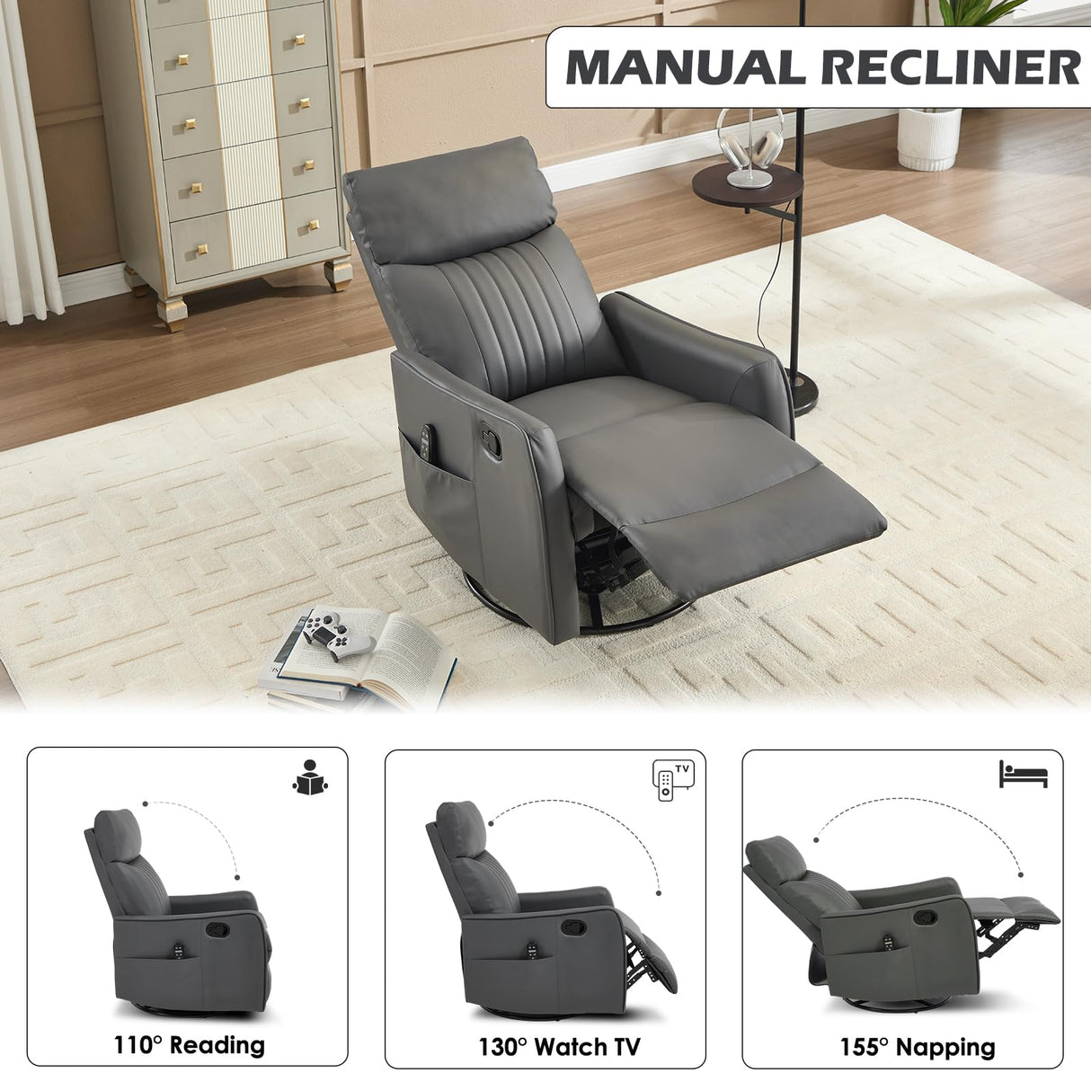 Trustyue Swivel Rocker Recliner Chair, 360° Swivel Recliner with Heat and Massage, Rocker Recliner Nursery Glider Chair with Side Pockets for Living Room (Grey, Faux Leather) Trustyue