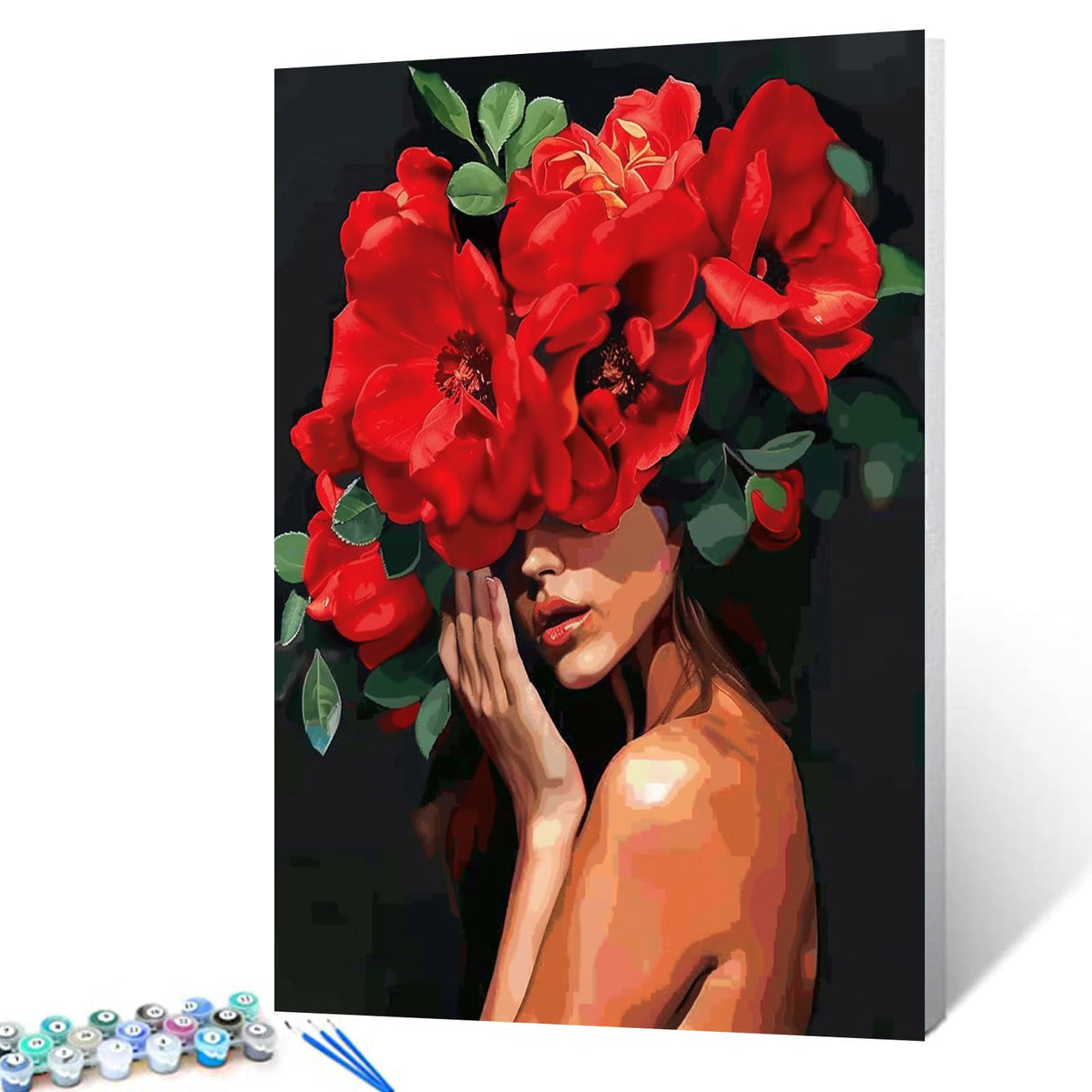 Tucocoo Women with Flowers on Head Paint by Numbers for Adults Beginner Female Body Painting Red Flower Acrylic Oil Painting Set for Home Decor and Gift for Festival Without Frame-16''W x 20''H Tucocoo