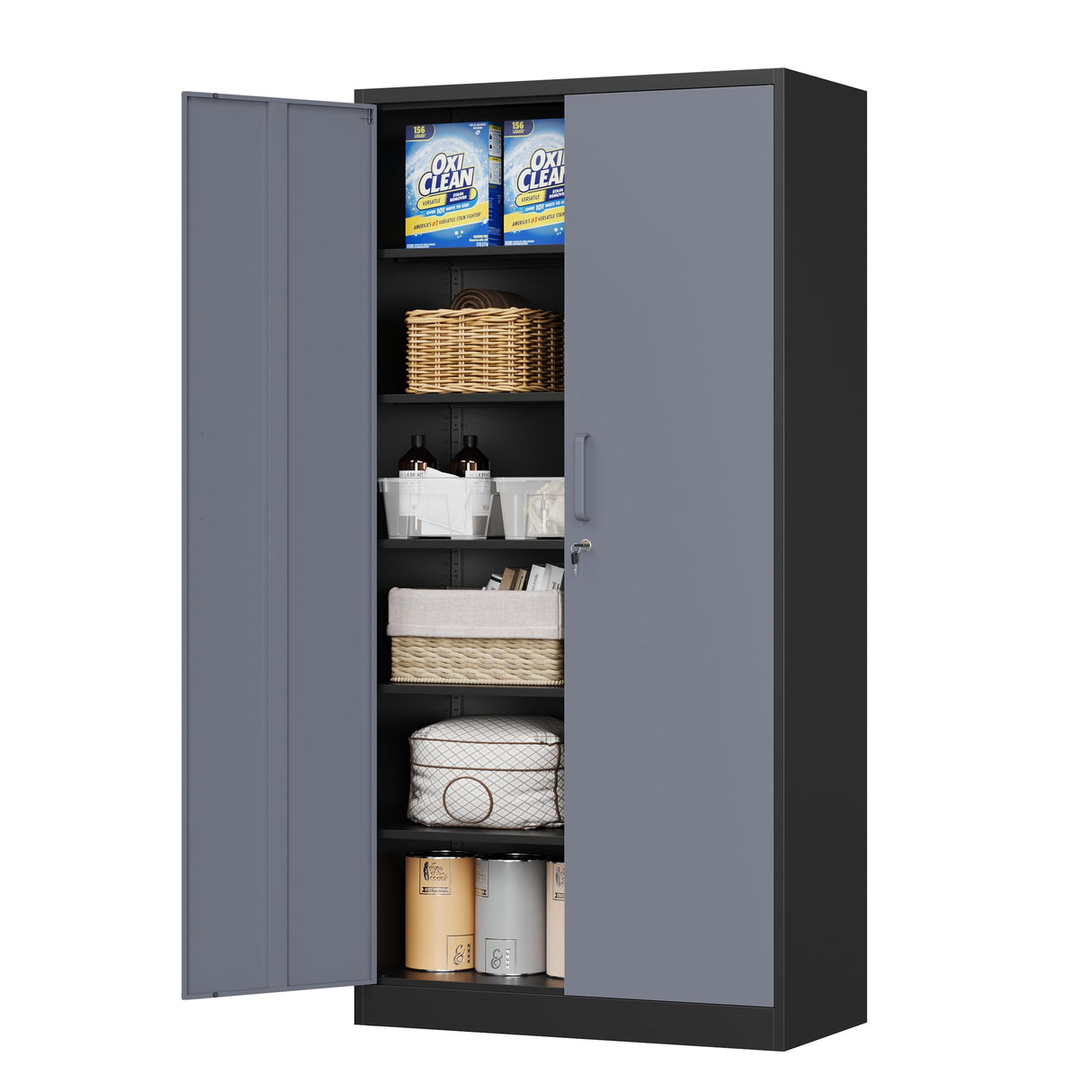 MIIIKO Metal Storage Cabinet with Locking Doors, Black Garage Storage Cabinets with 5 Adjustable Shelves MIIIKO