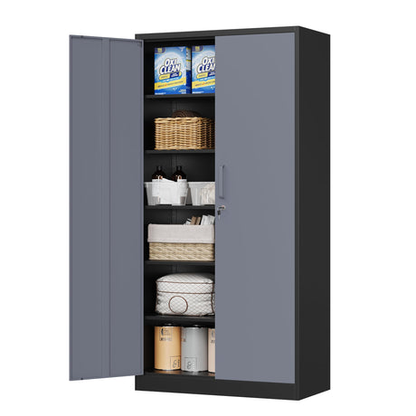 MIIIKO Metal Storage Cabinet with Locking Doors, Black Garage Storage Cabinets with 5 Adjustable Shelves MIIIKO