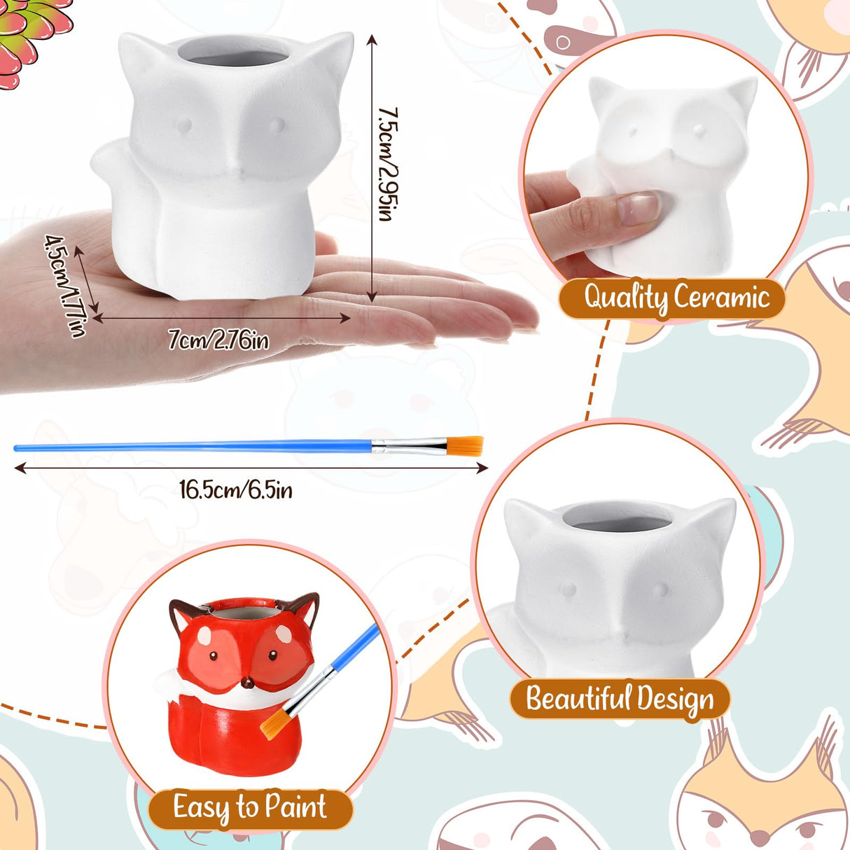 Pasimy 6 Set DIY Ceramic Succulent Planter Pots Paint Your Own Flower Pots Craft Kit Unpainted Bisque Paintable Flowerpot with Brush Palette Ready to Paint for Family Activity Gift(Fox) Pasimy