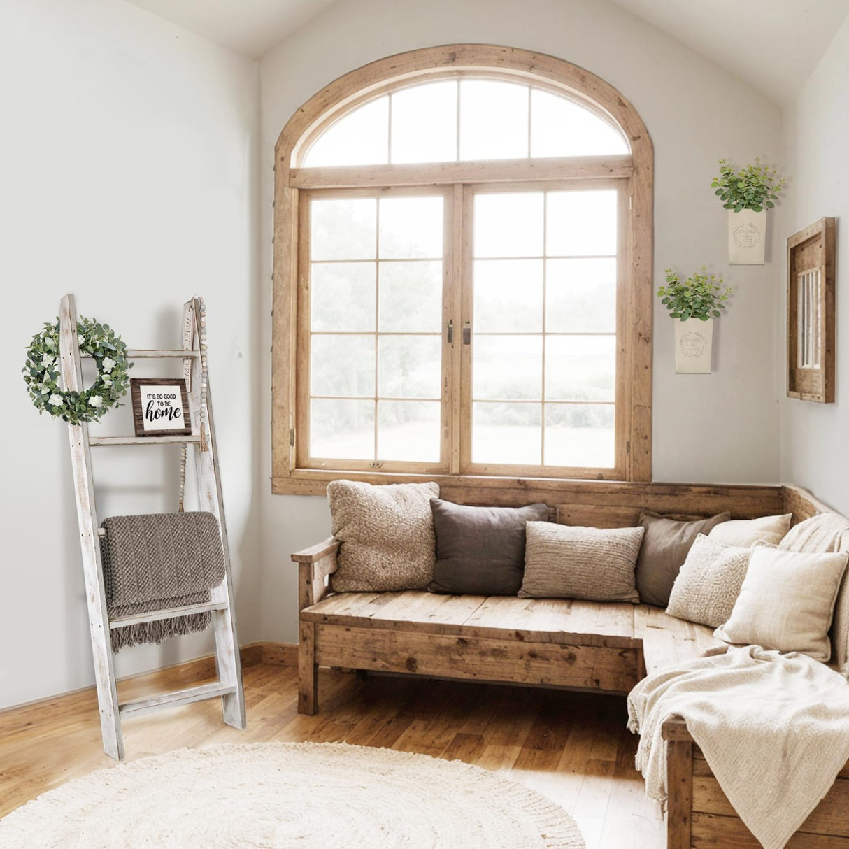 Honest Blanket Ladders for The Living Room, 5-Tier Blanket Holder, Wall-Leaning Blanket Rack, Ladder Shelves, Wooden Quilt Ladder, Farmhouse Decor, White HONEST OUTFITTERS