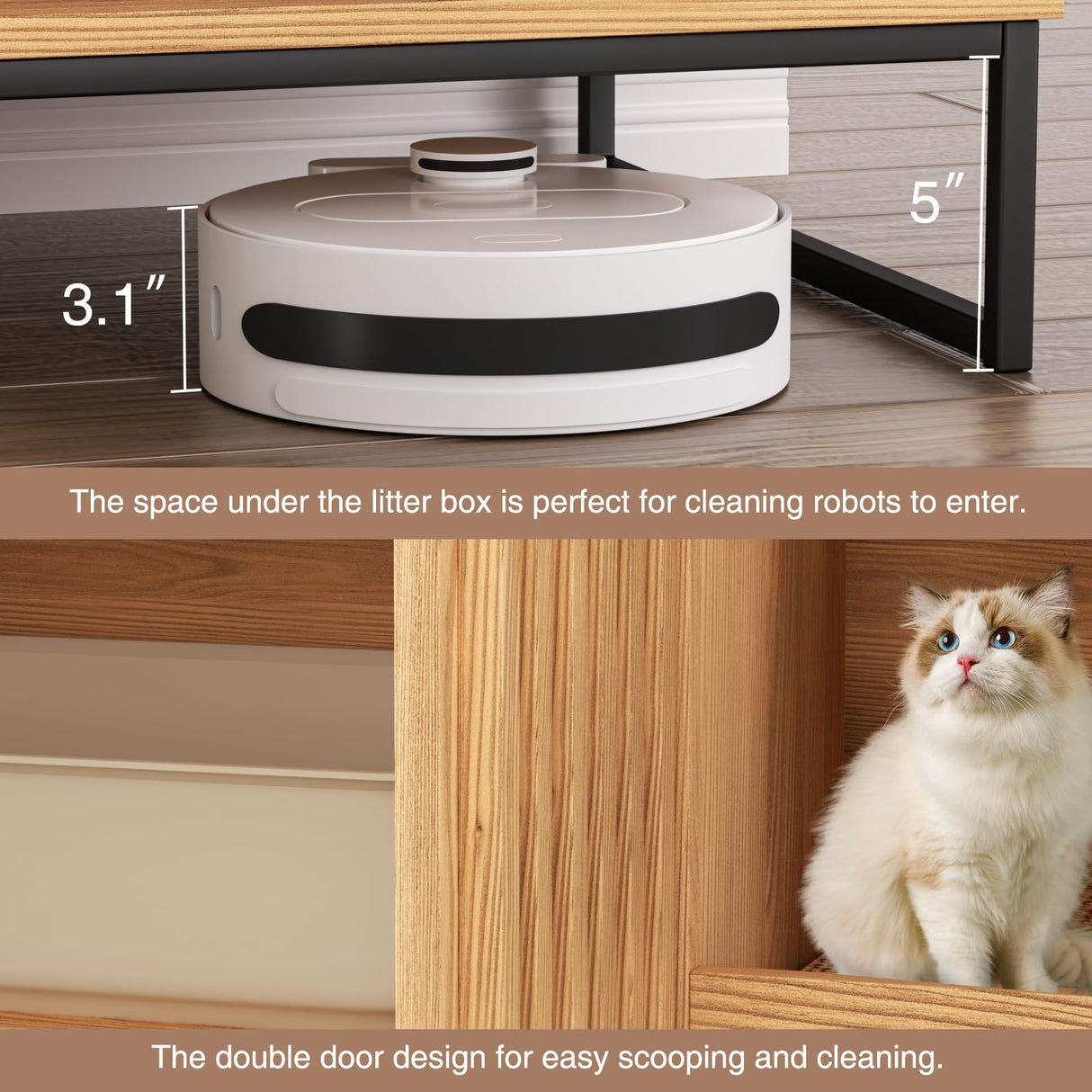 FiveWillowise Litter Box Enclosure, Modern Fluted Hidden Litter Box Furniture,Cat Litter Box Enclosure with Scratching Mat,Cat House Side End Table,Natural FiveWillowise