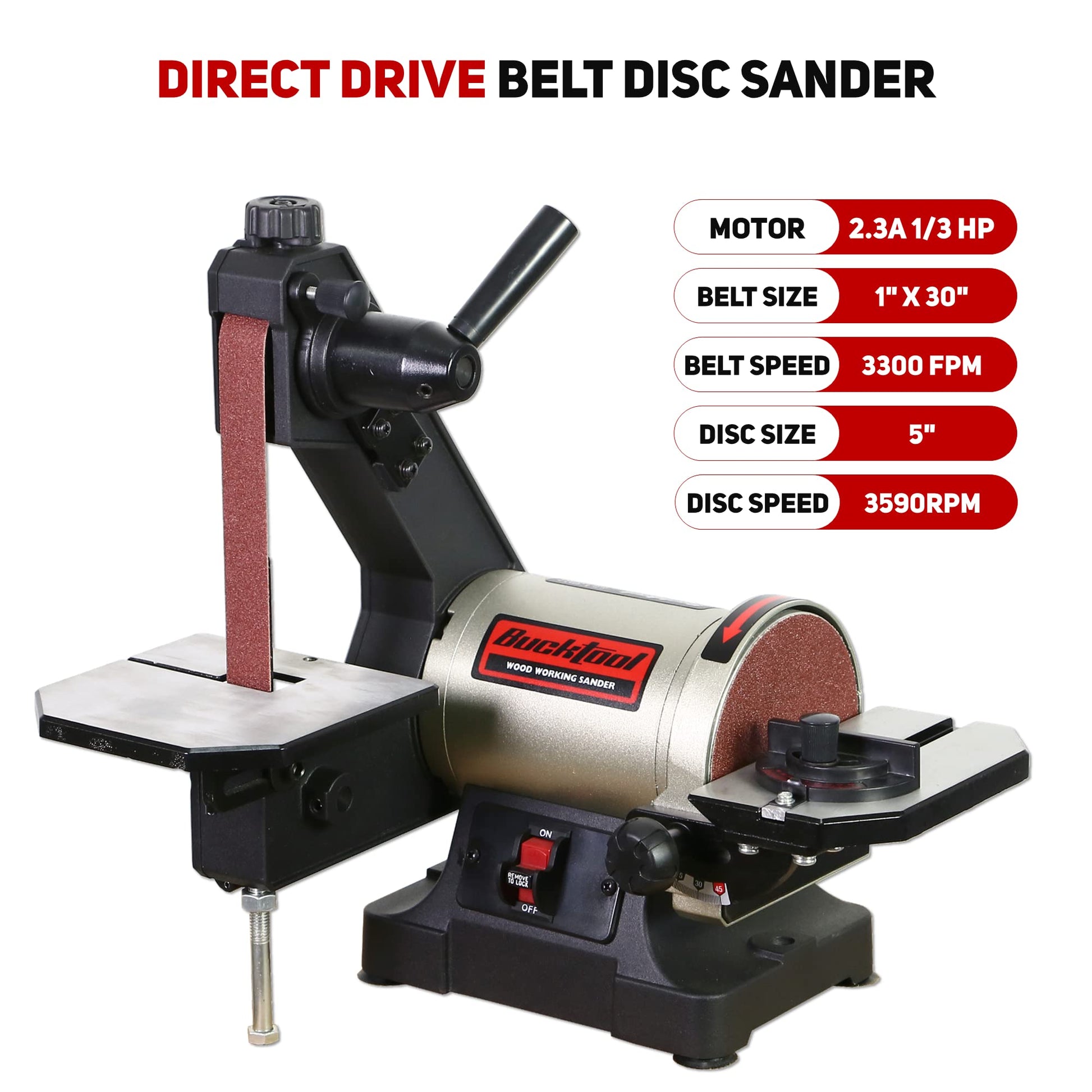 Bucktool 1x30 Inch Bench Belt Sander with 5 Inch Disc with Wrench Storage and Easy Belt Cover Off, 1/3HP Direct Drive Benchtop Belt Disc Sander - WoodArtSupply