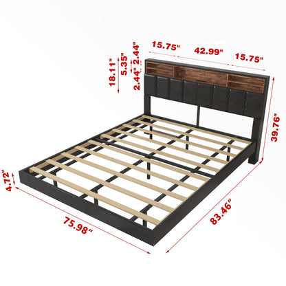 SAVOLIFE King Size Floating Bed Frame with Upholstered Headboard, LED Lights & Charging Station - WoodArtSupply