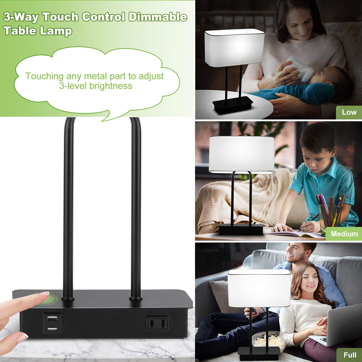 Bedside Touch Control Table Lamp with Dual USB Charging Ports 1 AC Outlet, 3 Way Dimmable Modern Nightstand Lamp with White Fabric Shade, Desk Lamp for Bedroom Living Room Office with 5000K LED Bulb Lakumu