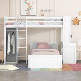 Loft Bed with Desk and Wardrobe Twin Over Twin Loft Bunk Beds Frame with Storage Drawers and Bookcase Wood All in One Beds for Kids Boys Girls Teens, White Bellemave