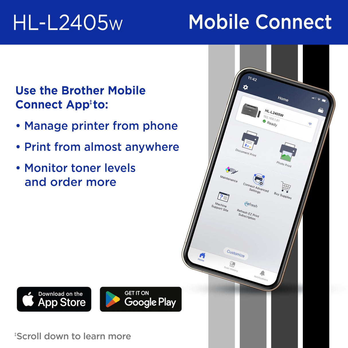 Brother HL-L2405W Wireless Compact Monochrome Laser Printer with Mobile Printing, Black & White Output | Includes Refresh Subscription Trial(1), Amazon Dash Replenishment Ready Brother