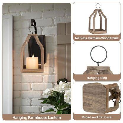 Staymoment Wood Decorative Candle Lanterns Set of 2, Indoor Farmhouse Hanging Candle Holder for Table Centerpiece Fireplace Mantle Shelf, 11" & 8" Bulk Rustic Home Decor Fall Ornaments, Brown