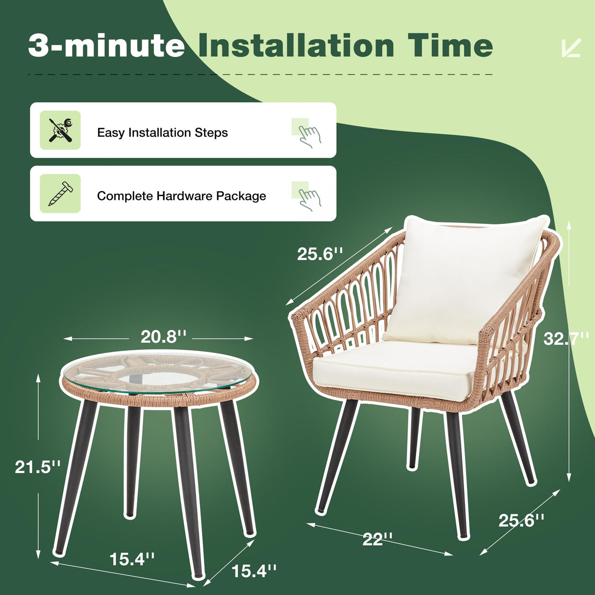 ECOTOUGE 3 Pieces Wicker Patio Bistro Set, Patio Rattan Dining Set with Glass Top Table and Cushions, Outdoor Conversation Furniture Set for Porch, Backyard and Garden (Beige) ECOTOUGE