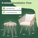 ECOTOUGE 3 Pieces Wicker Patio Bistro Set, Patio Rattan Dining Set with Glass Top Table and Cushions, Outdoor Conversation Furniture Set for Porch, Backyard and Garden (Beige) ECOTOUGE