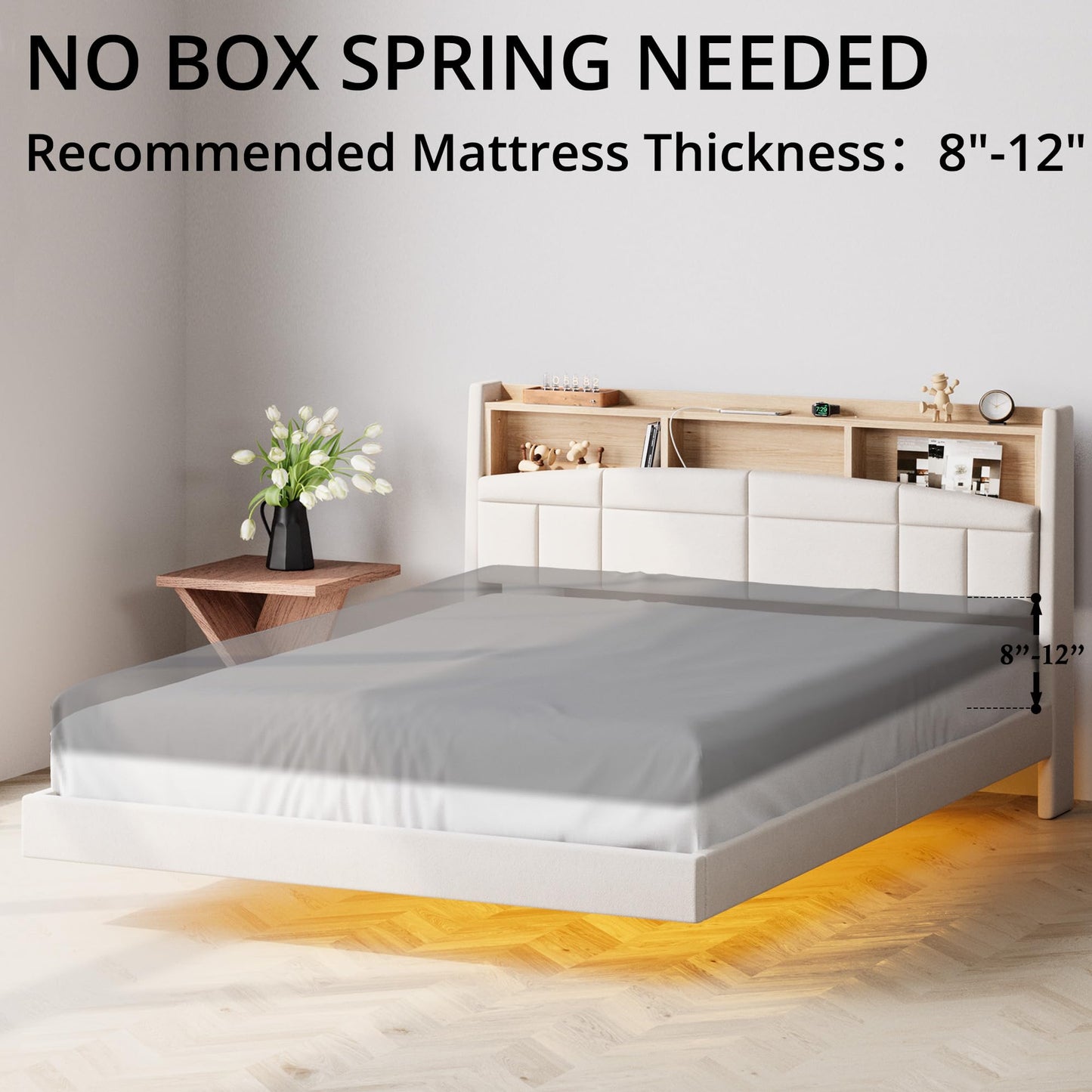 ANCTOR Full Size Floating Bed Frame with Bookcase Headboard and Charging Station - WoodArtSupply