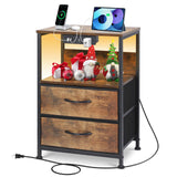 OUTONLIFE Nightstand with LED Dimmable Light & Charging Station, Narrow Bed Side Table with 2 Fabric Drawers, 2 USB Ports & AC Outlets, 3-Tier End Table with Storage Shelves for Bedroom, Living Room OUTONLIFE