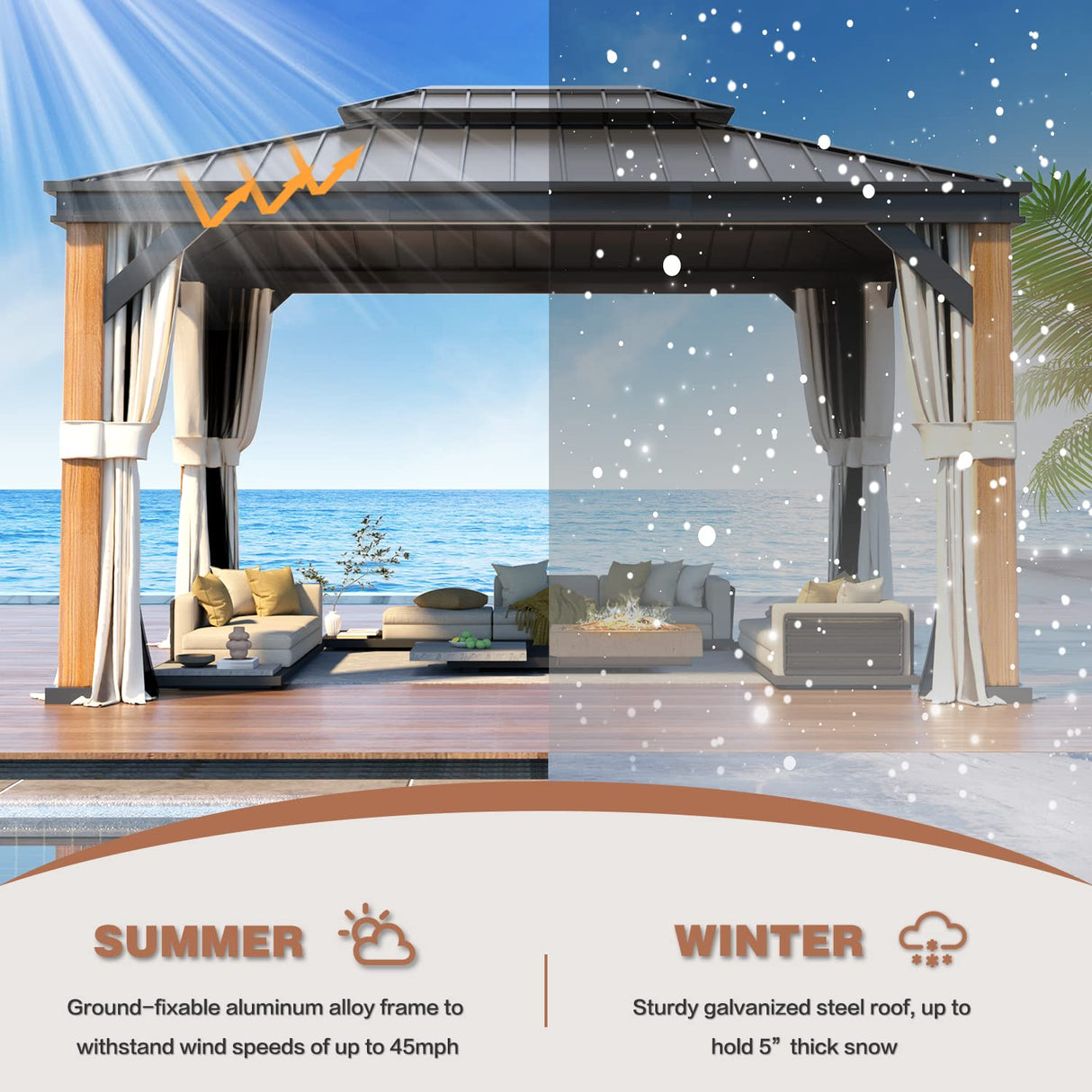 YOLENY 12'x16' Ultra-Thick Faux Wood Grain Aluminum Frame Hardtop Gazebo, Vertical Stripe Galvanized Steel Double Roof, Outdoor Patio Gazebo Pergolas with Netting and Curtains YOLENY