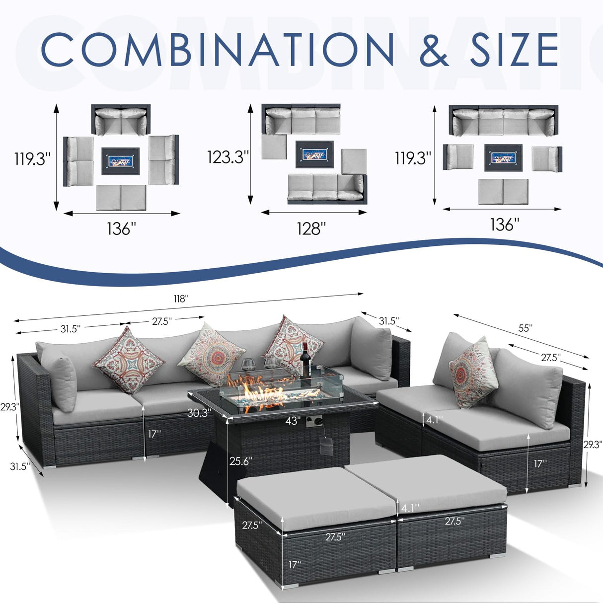 NICESOUL® 29.3'' High Back Plus Size Rattan Outdoor Patio Furniture Sectional Sofa Sets with Natual Gas/Propane Fire Pit Table, Outdoor Wicker Conversation Couch Sets Grey 9 Piece NICESOUL