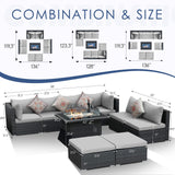 NICESOUL® 29.3'' High Back Plus Size Rattan Outdoor Patio Furniture Sectional Sofa Sets with Natual Gas/Propane Fire Pit Table, Outdoor Wicker Conversation Couch Sets Grey 9 Piece NICESOUL