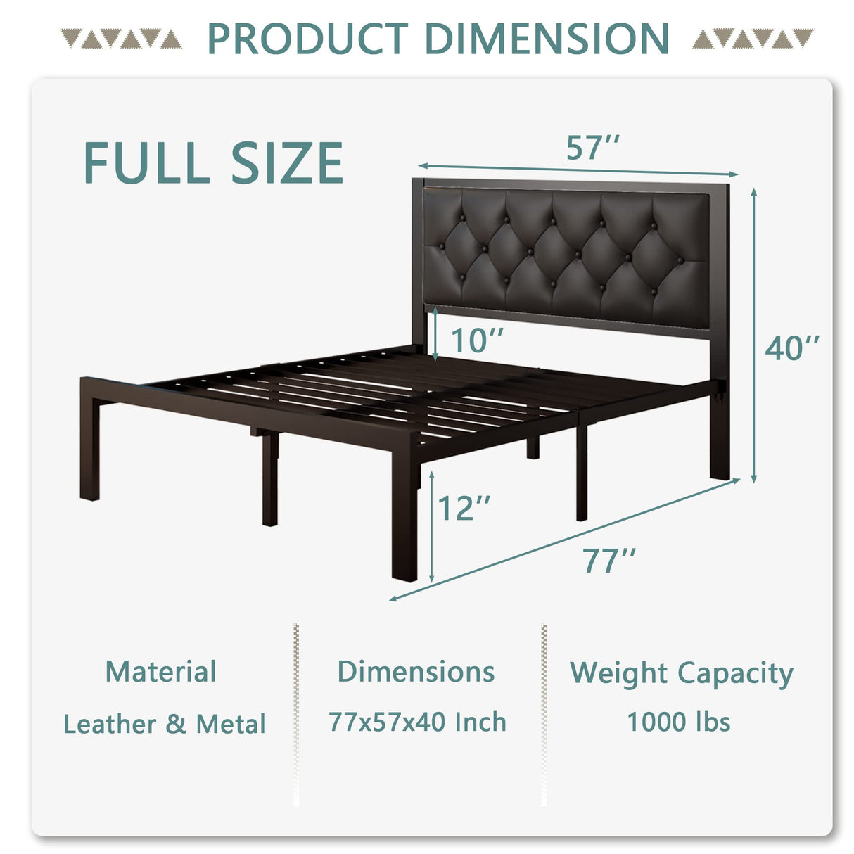 Feonase Full Size Metal Bed Frame with Faux Leather Button Tufted Headboard, Heavy-Duty Platform Bed Frame with 12" Storage, Steel Slats Support, No Box Spring Needed, Noise Free, Black Feonase