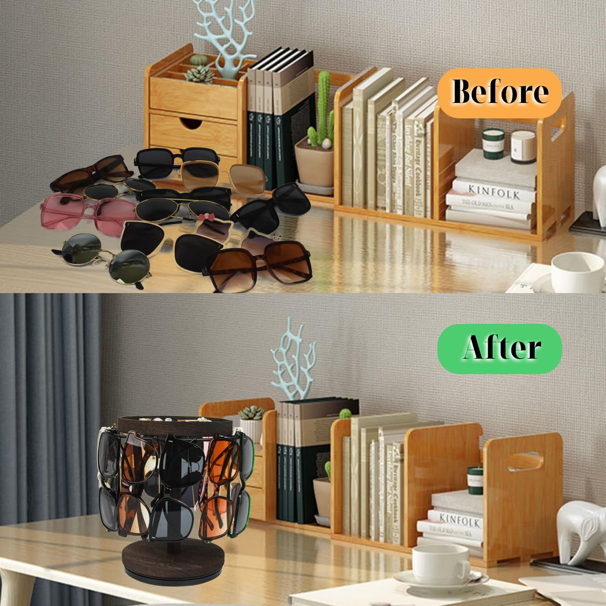 LingLingo Sunglasses Organizer 360° Rotating Eyeglass Holder Stand with Wood Tray and Base, Eye Glass Display Rack for Multiple Sunglass Storage for Table Dresser Nightstand Desk LingLingo