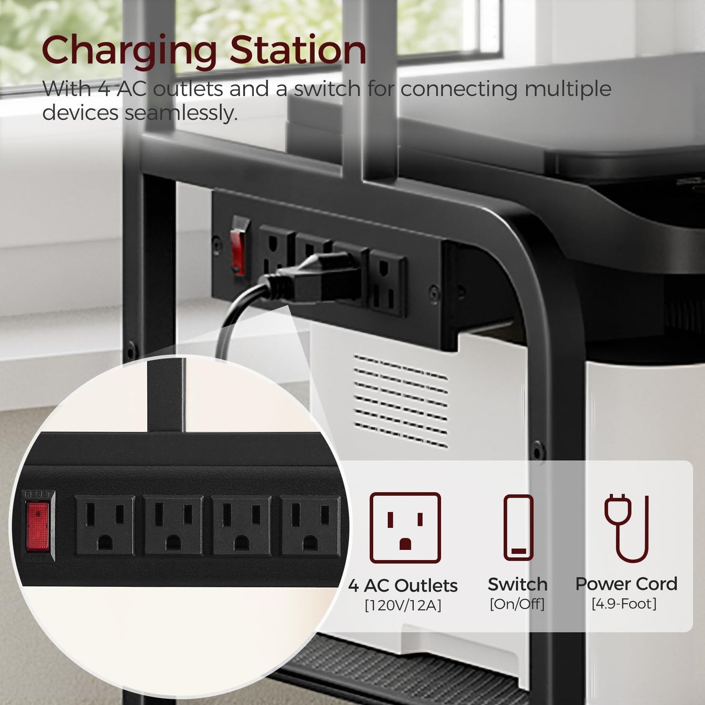 MAHANCRIS Printer Stand with Charging Station, Large Tall Printer Table with Wheels for Home Office, 4 Tier Printer Cart with Shredder Rack, Shelf for Printer Scanner, Rustic Brown PTHR114E01