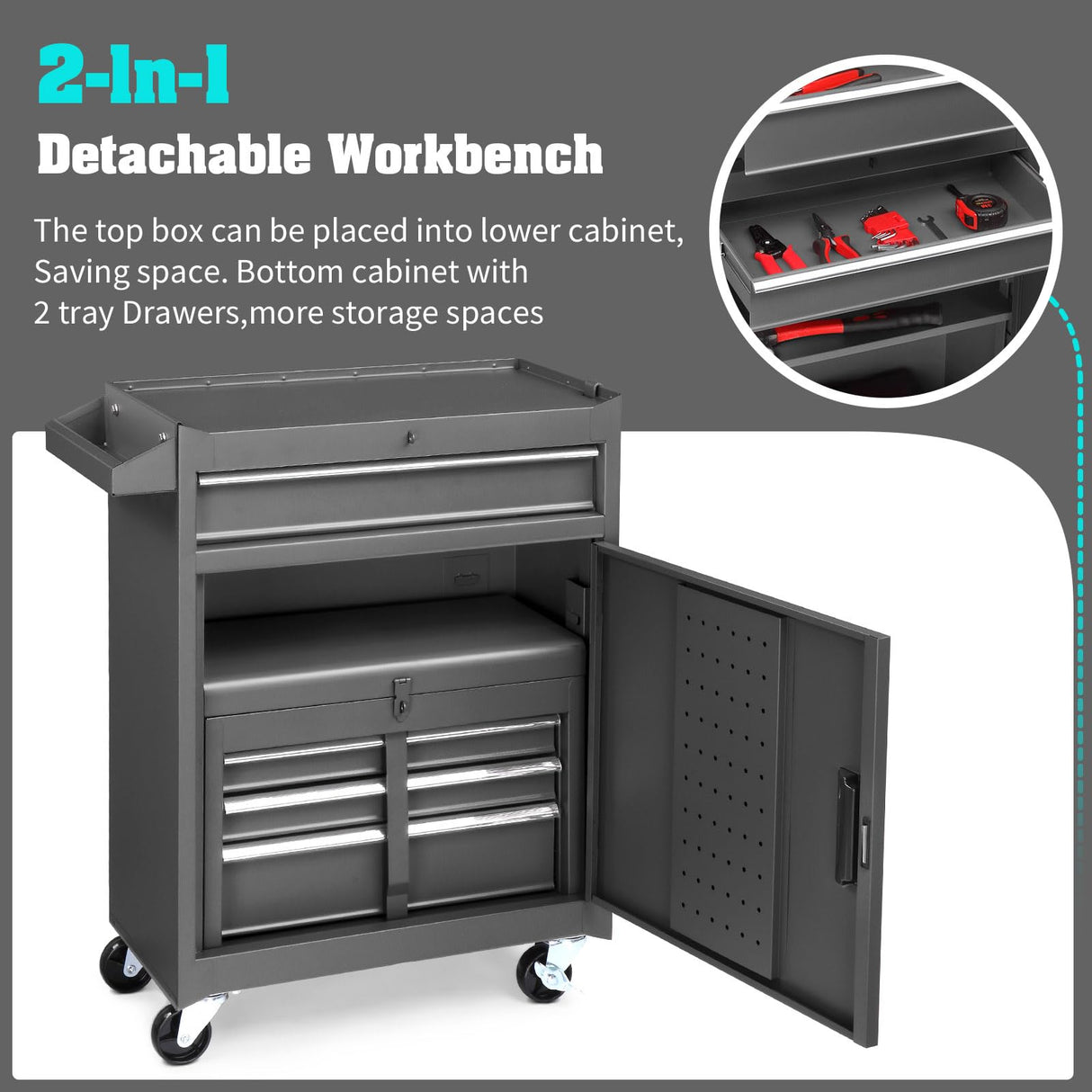 Winado 4-Drawer Rolling Tool Chest with Wheels & Lock, Tool Box with Large Storage Cabinet and Adjustable Shelf, Removable Portable Top Box for Garage, Warehouse, Factory Winado