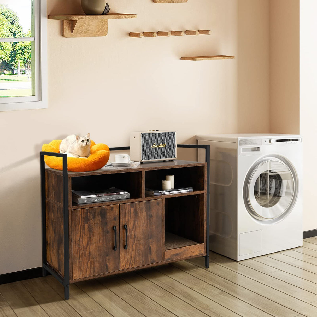 Giantex Cat Litter Box Enclosure - Cat Washroom Hidden Furniture with Front Entry, Cat Scratcher, 2-Door Storage Cabinet, 2 Compartments, Air Vents, Metal Frame, Wooden Pet Crate House (Rustic Brown) Giantex