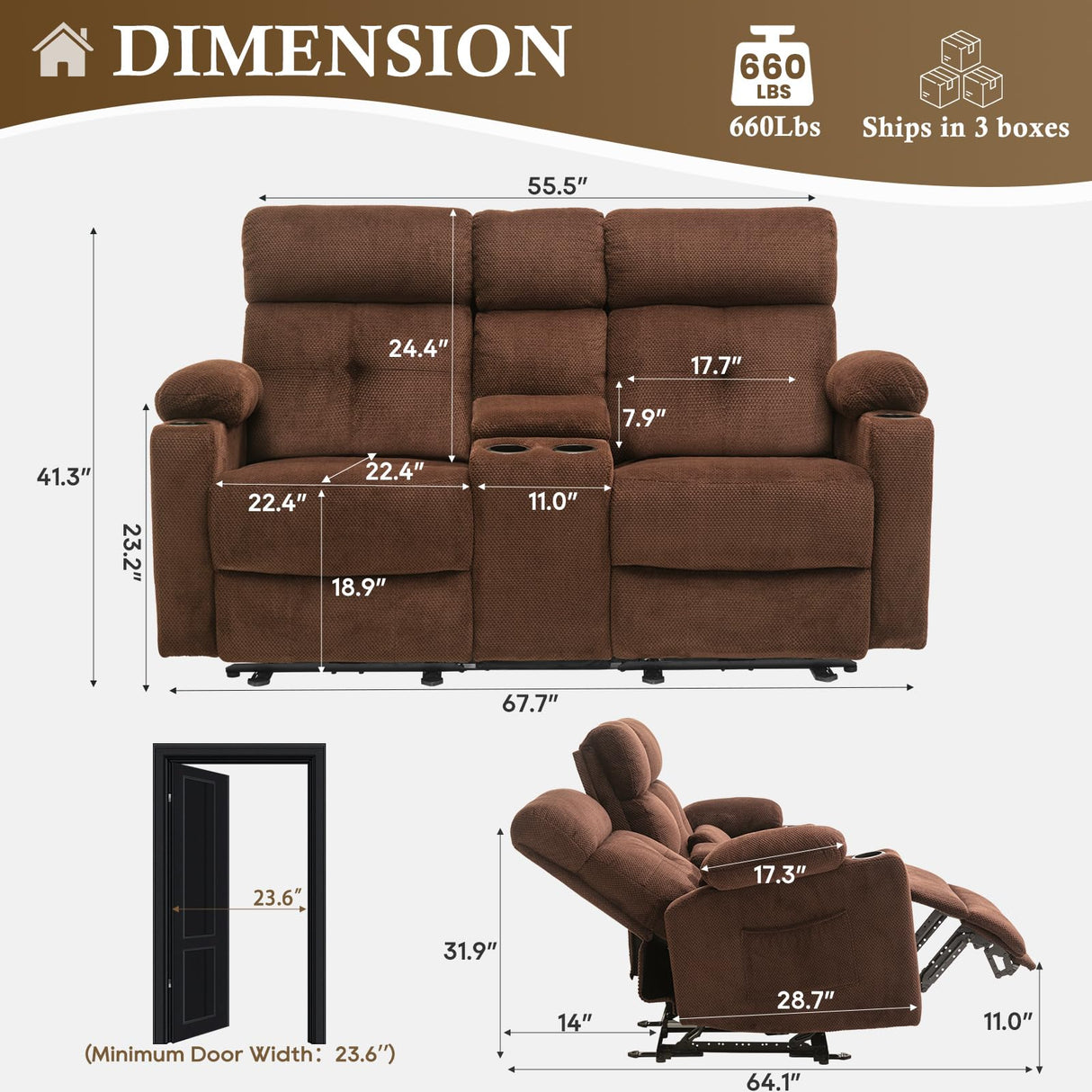 PALLOME Power Loveseat Recliner Sofa with Console, Loveseat Reclining Sofa with Heat & Massage, Home Theater Seating with Lumbar Pillow for Living Room, RV Recliner Loveseat (Velvet, Coffee) PALLOME