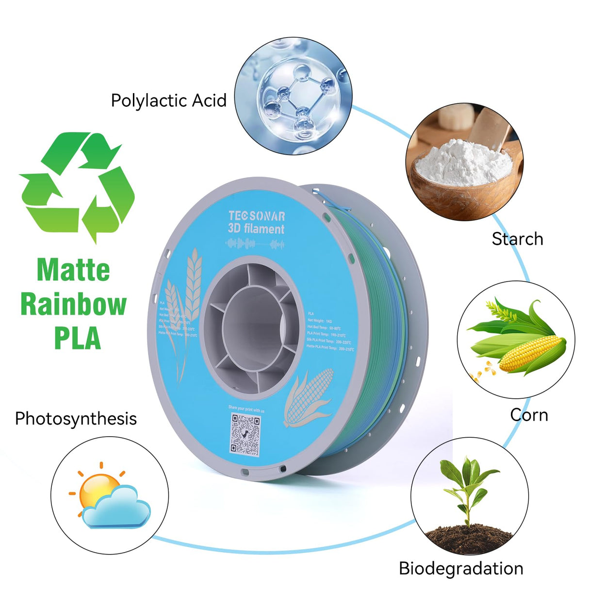 TECSONAR TECSONAR Matte Rainbow PLA 3D Printer Filament, 1KG Spool(2.2lbs) 1.75mm PLA Fast Color Change 3D Printing Material, Multicolor Gradient Filament for Most FDM 3D Printers,Matte Rainbow TECSONAR