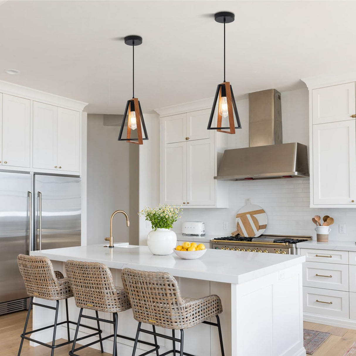 Magiroz Industrial Farmhouse Black and Wood Pendant Lights Kitchen Island 1 Light Adjustable Rustic Mini Wooden Hanging Light Fixtures Kitchen Single Pendant Lighting Over Island MPL28-1 (1 Pack) Magiroz