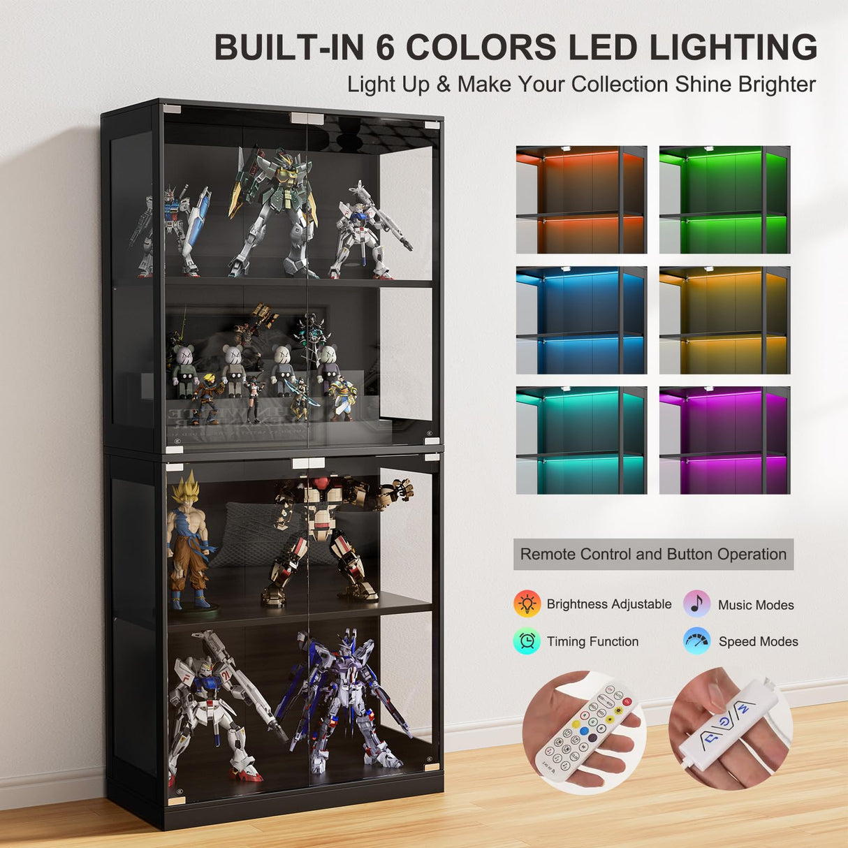 DoCred Display Cabinet with Glass Doors, 63" H Figurines Glass Display Case with 6 Color Lights, 4-Tier Curio Cabinet for Collectibles & Bedroom Living Room Office Storage Cabinets, Black DoCred