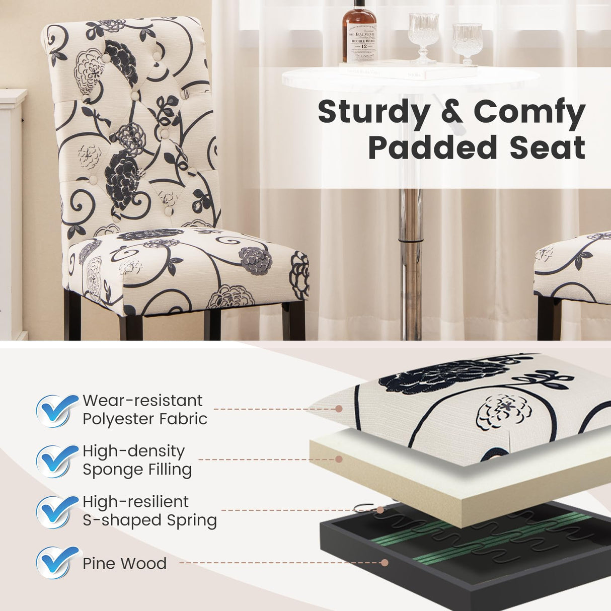 Giantex Upholstered Dining Chairs Set of 2, Tufted Fabric Kitchen Chairs w/Padded Seat & Rubber Wood Legs, Farmhouse Accent Chairs w/Patterns, Armless Dining Room Chairs for Restaurant, Living Room Giantex