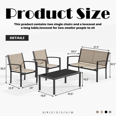 Greesum 4 Pieces Patio Furniture Set, Outdoor Conversation Sets for Patio, Lawn, Garden, Poolside with A Glass Coffee Table, Beige Greesum