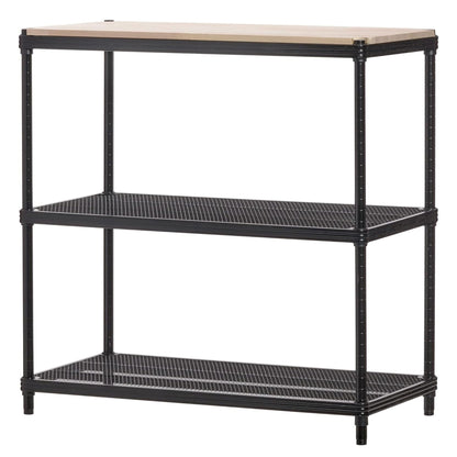 Design Ideas MeshWorks Stainless Metal Mesh Storage Wood Top Workbench Shelving Unit Rack for Garage and Kitchen Storage, Black - WoodArtSupply