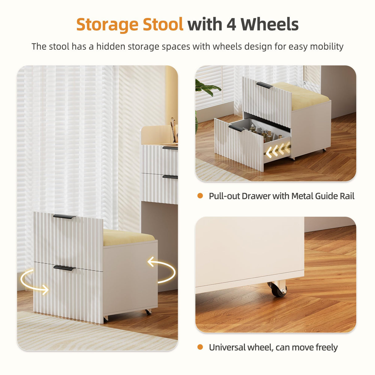 Gurexl Fluted Small Vanity Desk with Mirror and Lights, 3-in-1 Compact Makeup Vanity Set with Hidden Storage Stool, Mini Dressing Table with 3 Drawers, Gift for Little Girls/Kids (White) Gurexl