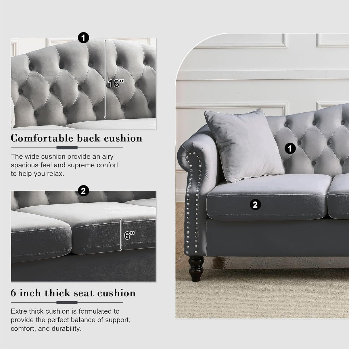 ATUMON 79" Chesterfield Velvet Couch for Living Room, 3-Seater Tufted Sofa with Rolled Arms Nailhead & Two Pillows for Bedroom, Office & Coffee Bar, Gray ATUMON