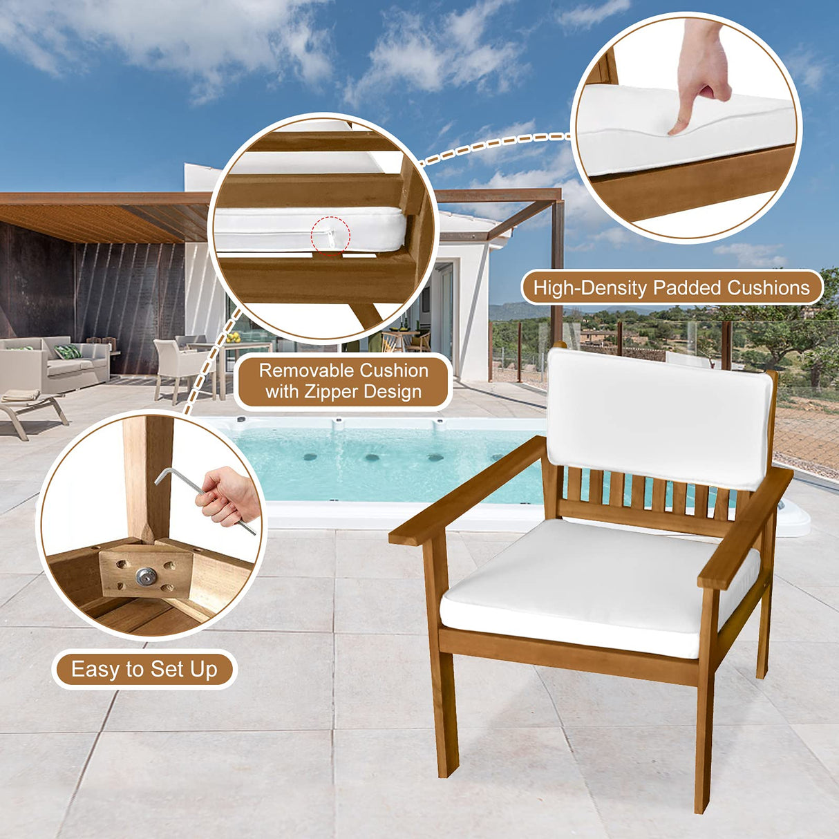 Dkeli Wood Patio Bistro Set 3 Pieces Outdoor Patio Furniture Set Table and Chairs Acacia Wooden Conversation Table Sets Sofa Chair with Padded Cushions for Garden, Backyard, Poolside, Balcony Dkeli