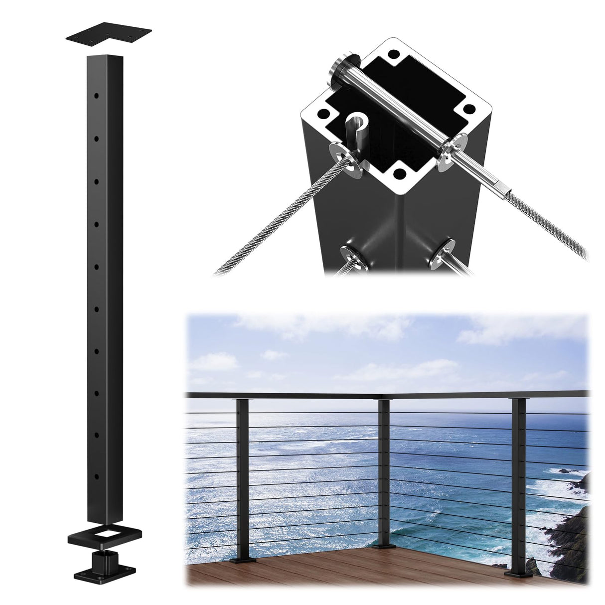 Muzata Aluminum Black Corner Cable Railing Post 36 Inch 36"X2"x2" T-drilled One-Post Corner Solution Surface Mount Cable Railing System Kit Indoor Outdoor Seaside with User Guide PD02 B3AS Muzata
