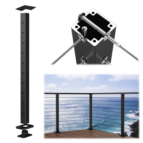 Muzata Aluminum Black Corner Cable Railing Post 36 Inch 36"X2"x2" T-drilled One-Post Corner Solution Surface Mount Cable Railing System Kit Indoor Outdoor Seaside with User Guide PD02 B3AS Muzata