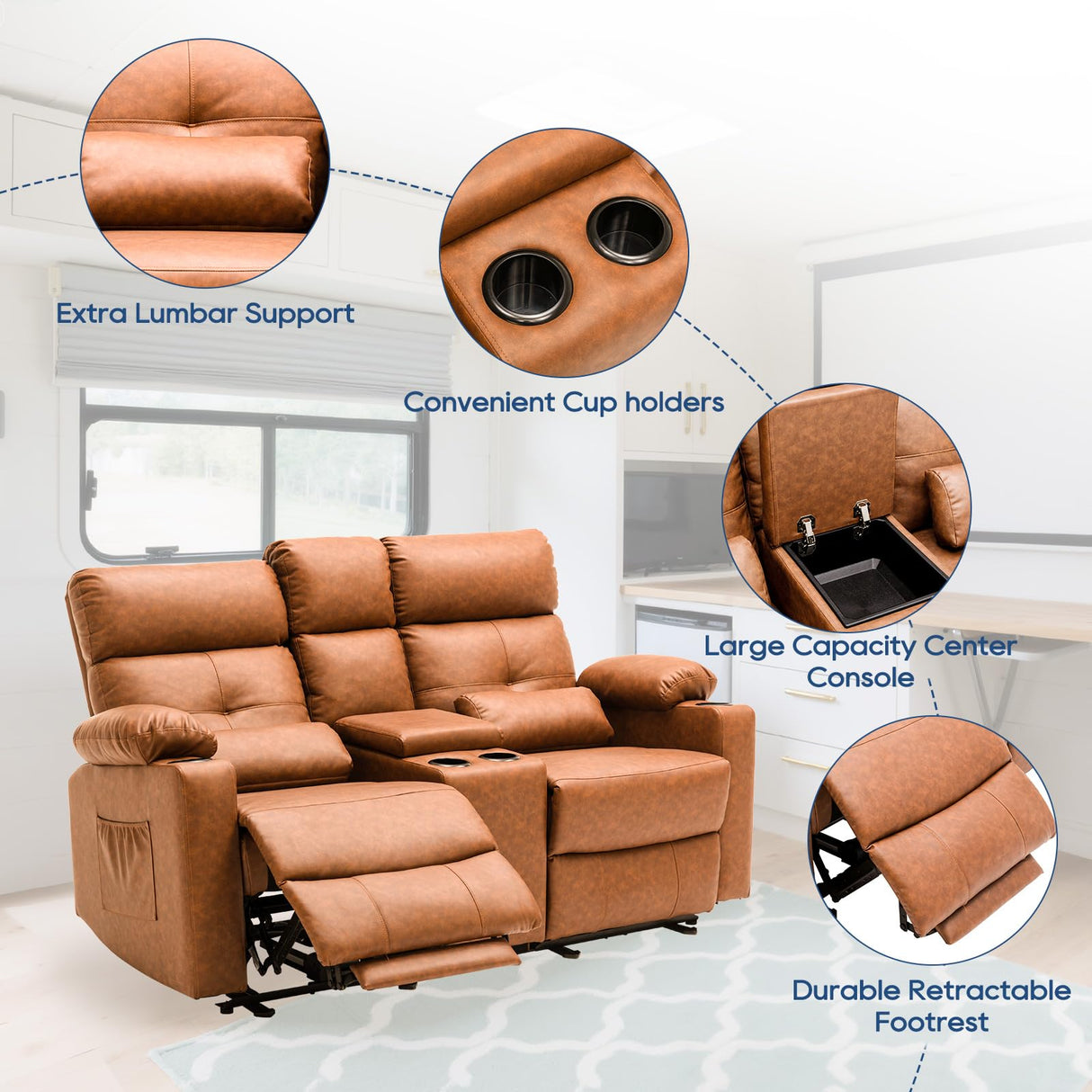 RIHEREFY 68'' RV Loveseat Recliner Sofa| RV Power Reclining Loveseat with Console & Cup Holder | RV Double Recliner Sofa | RV Theater Seating Loveseat(PU, Brown) RIHEREFY