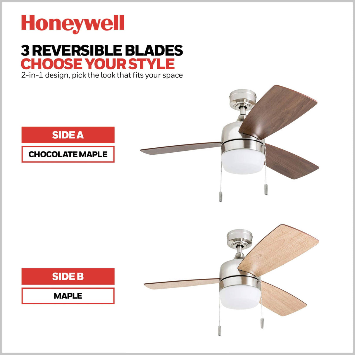 Honeywell Ceiling Fans Barcadero Modern 44 Inch Ceiling Fan with Light, Pull Chain LED Indoor Fan with 3 Blades, Maple and Brown Maple Blade Finish Options, Brushed Nickel (50616-01) Honeywell Ceiling Fans