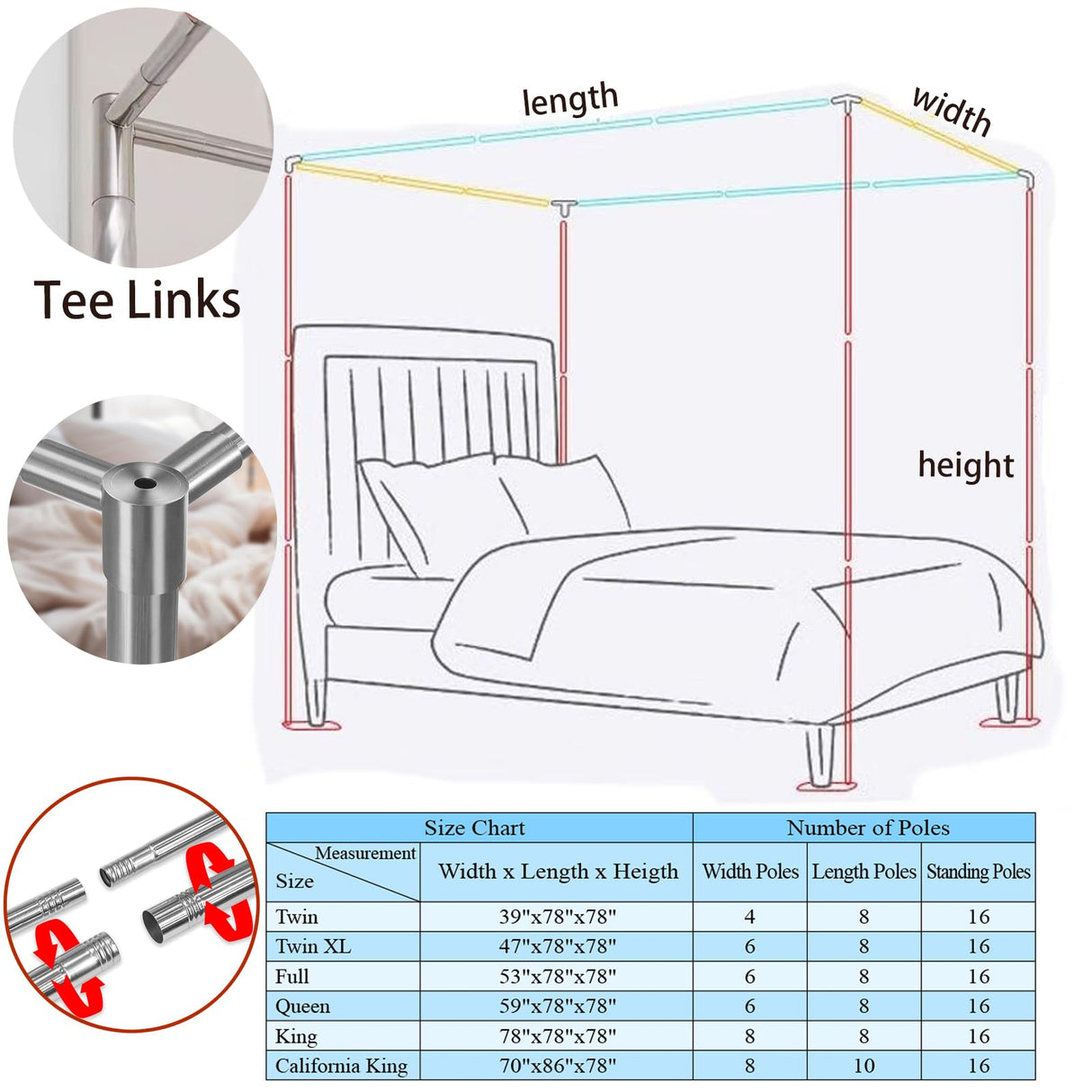 VELSKUD Canopy Bed Frame Twin Size, Post Stainless Steel Four Corner Bed Canopy Poles Mosquito Net Frame Bracket Fit for Metal Bed Wood Bed, Stainless Steel Canopy Bed Frame Twin Size VELSKUD