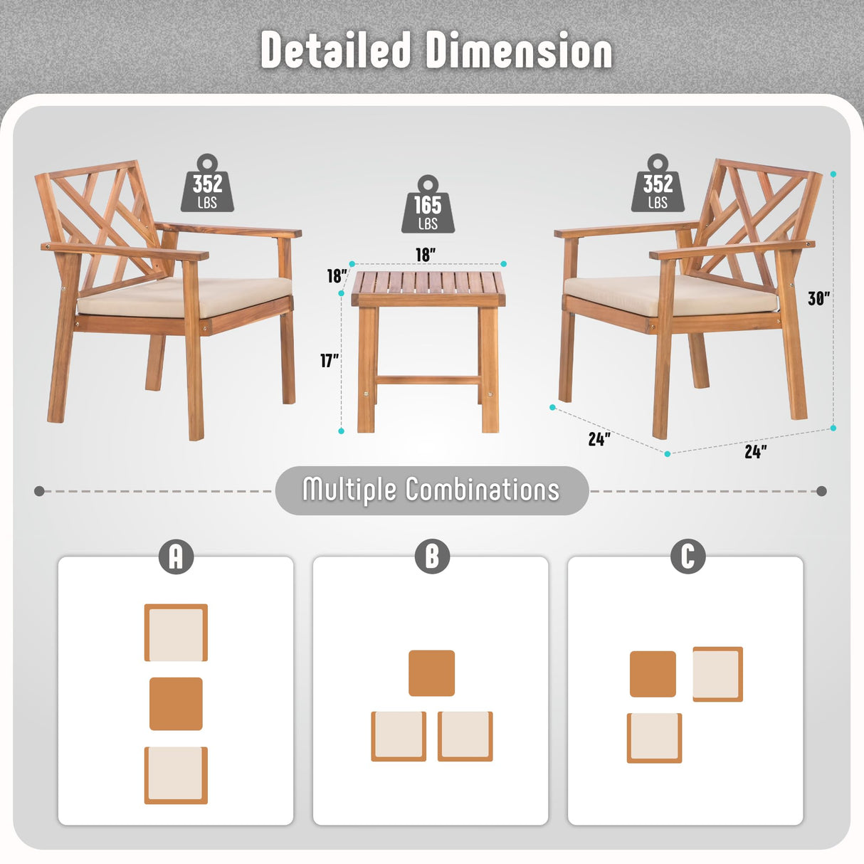 Werph 3 Piece Outdoor Patio Furniture Set, Wooden Conversation Patio Set with Padded Cushion Chairs and Coffee Table, Acacia Wood Lounge Conversation Set for Porch Balcony Deck Backyard Werph