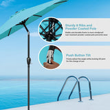 HealSmart 9' Outdoor Patio Umbrella, Market Table Umbrella with 8 Sturdy Ribs, Push Button Tilt and Crank for Garden, Yard, Pool, Turquoise HealSmart