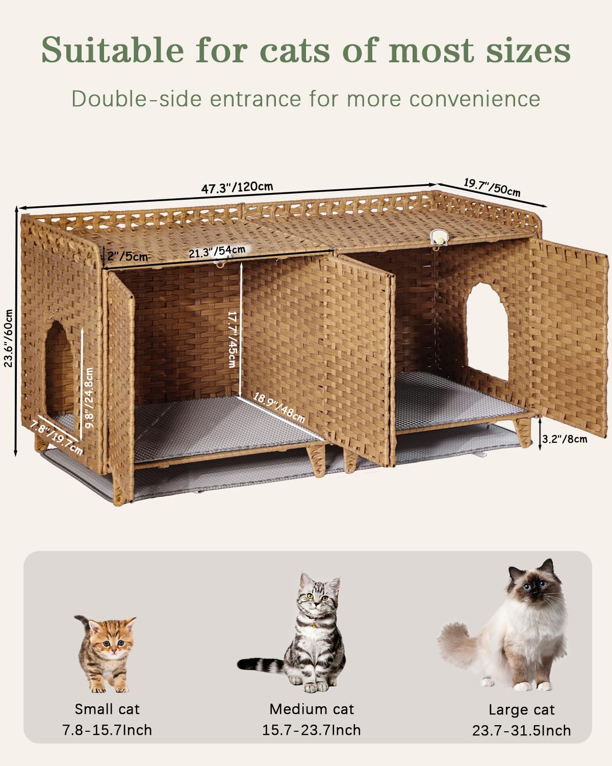 SETVSON Cat Litter Box Enclosure for 2 Cats, Double Litter Box Furniture with Litter Mat, Large Rattan Hidden Kitty Cat House with Double Room and Doors, 2 S-Shaped Hooks, 2 Inch Fence Natural SETVSON