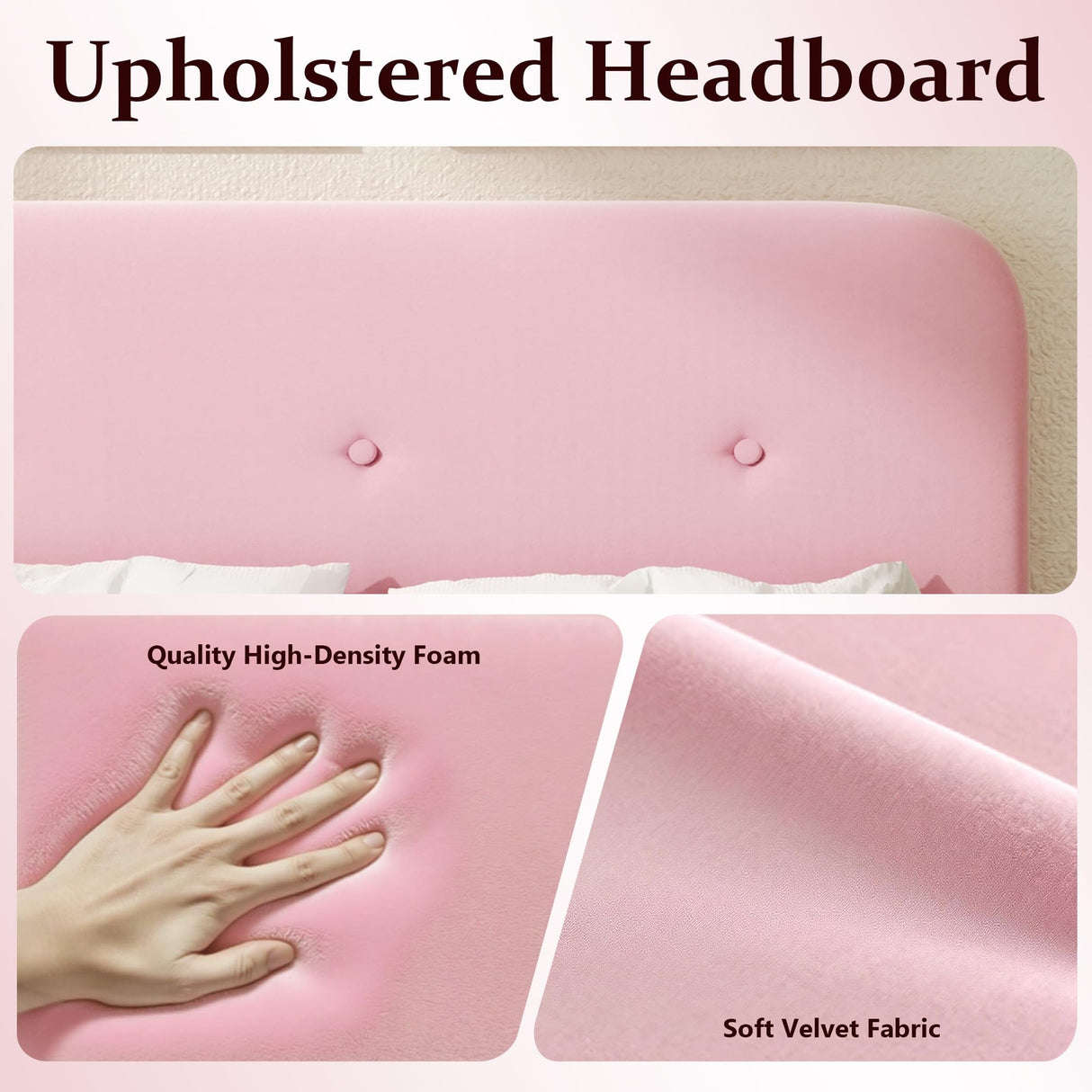 Queen Size Platform Bed Frame with Velvet Upholstered Headboard, Button Tufted Headboard and Footboard, Anti-Collision Soft Rounded Corners, No Box Spring Needed, Easy Assembly, Pink viplov