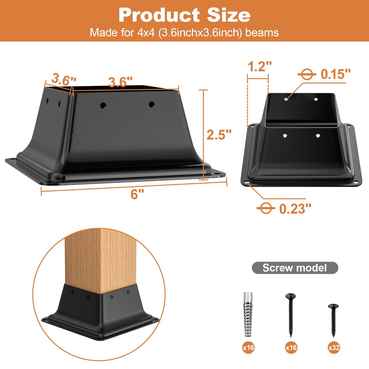 FMhotu 4x4 Post Base 4Pcs, Internal 3.6"x3.6" Heavy Duty Powder-Coated Steel Post Bracket Fit for Standard Wood Post Anchor, Decking Post Base for Deck Porch Handrail Railing Support FMhotu